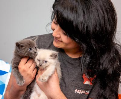 Smiling person holding two tiny kittens
