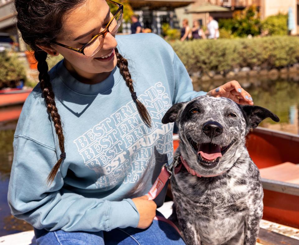 Smiling person wearing braids and a Best Friends sweatshirt petting a happy dog