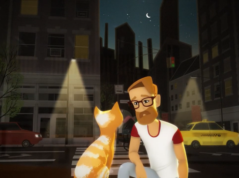 Screen shot of cat dad video showing a man looking at a cat in a window