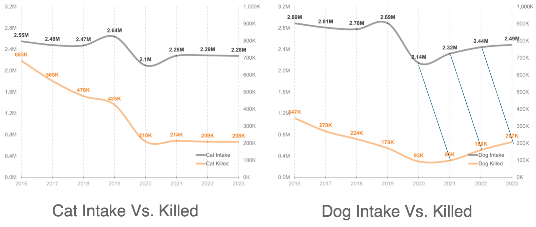 cat and dog intake vs killed
