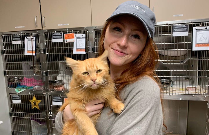 Woman holding an orange tabby cat she's adopting with cat kennels in the background