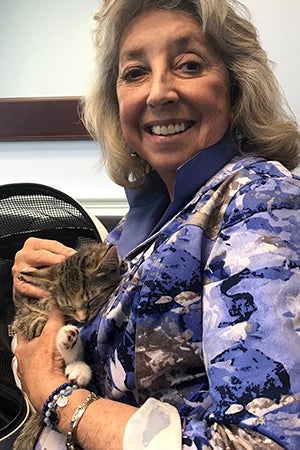 Congresswoman Dina Titus of Nevada smiling and holding a tabby kitten