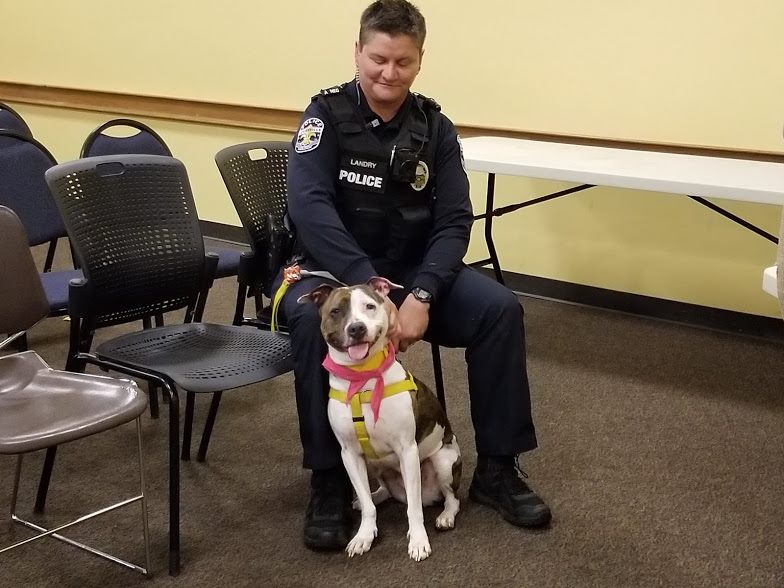 Officer sitting on a chair with a smiling pit-bull-type dog sitting in front of her