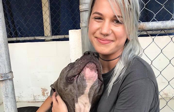 Frankie the gray and white pit-bull-type dog with Lilli