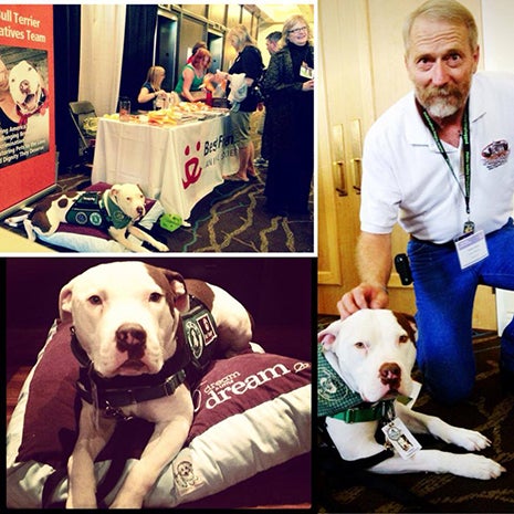 Captain Cowpants the dog at the Best Friends Animal Society booth at the Utah League of Cities and Towns