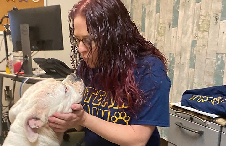 Person lovingly holding a dog's face under his chin