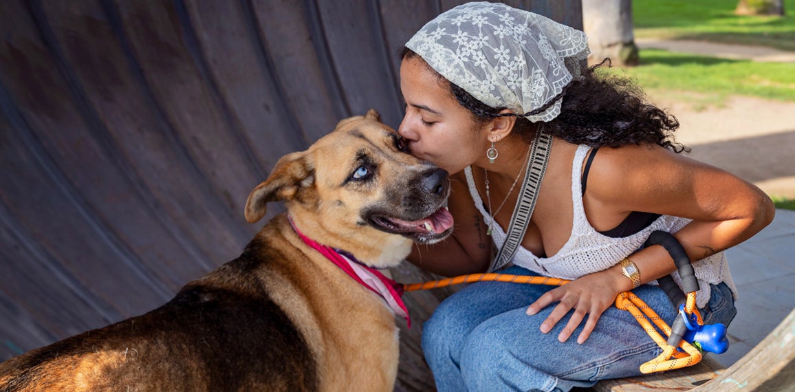 Person kissing a dog with blue eyes