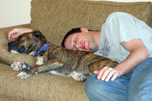 Jeremy and Penny the dog during a sleepover