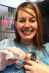 Jessica Vigos at the kitten nursery feeding a neonatal kitten