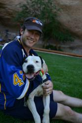 David Backes with Vince the dog at Best Friends Animal Sanctuary