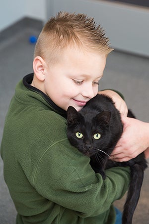 Sugar Plum the cat, now named Cleo, is Landon's BFF