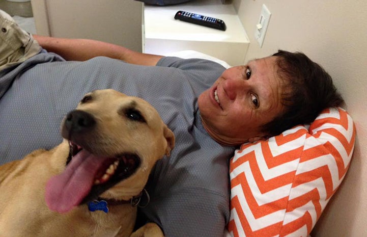 Joy the pit bull terrier mix enjoying a sleepover