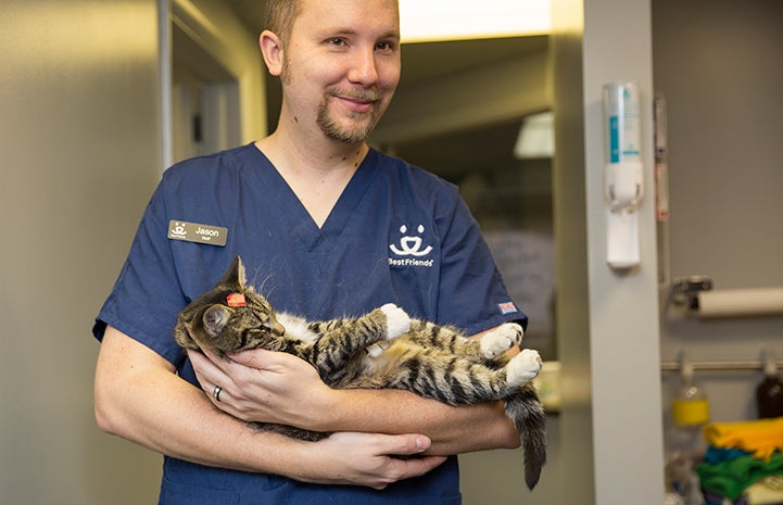 Man holding a sleeping cat at the Best Friends Spay/Neuter Clinic in Ogden, Utah