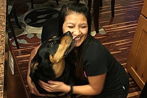 Kyra the Rottweiler is all love with Kim Cao
