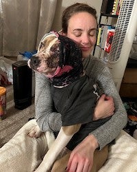 a pit bull terrier type dog with facial injury being embraced by owner