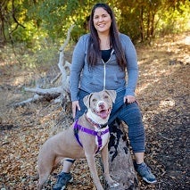 Tan dog on standing on rock with woman standing behind