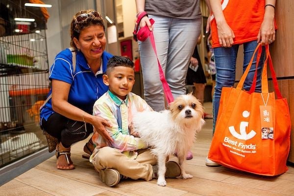 a family adopting a sm,all white dog at an adoption event