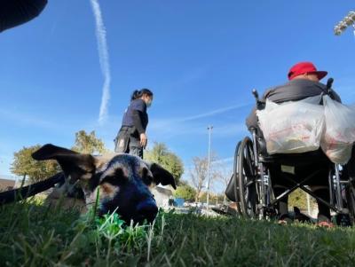 Officer Mai Vang standing by a person in a wheelchair with a shepherd mix in the foreground