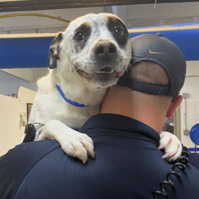 Neo the dog being held by Officer Everett, with the pup's paw's on the offer's shoulders