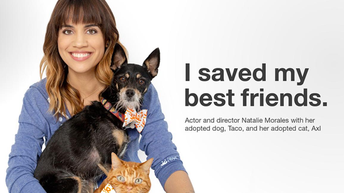 Natalie Morales with her adopted dog Taco and adopted cat Axl