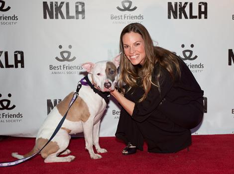 Hilary Swank, a supporter of Best Friends Animal Society, and pitbull at NKLA event