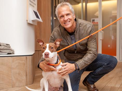 Patrick Fabian with brown and white dog